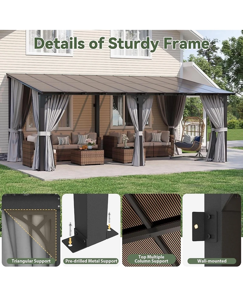 Aoxun 20'x10' Wall Mounted Lean to Gazebo, Aluminum Pergola with Polycarbonate Roof, Curtains and Net