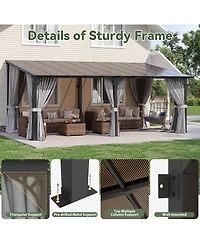 Aoxun 20'x10' Wall Mounted Lean to Gazebo, Aluminum Pergola with Polycarbonate Roof, Curtains and Net