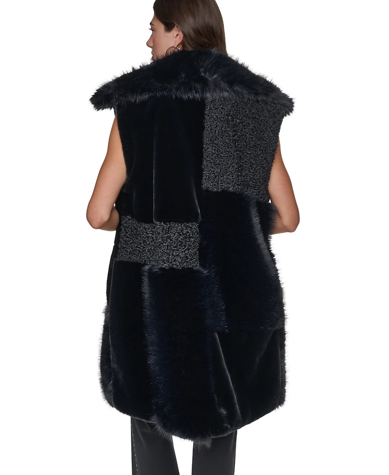 Dkny Women's Patch-Mix Mid-Length Collared Faux Fur Vest