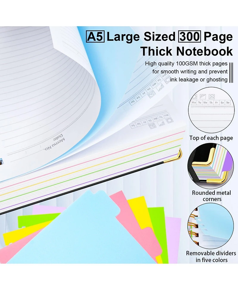 Danrong Hardcover Spiral Notebook 5 Subject College Ruled With Dividers Pen Loop