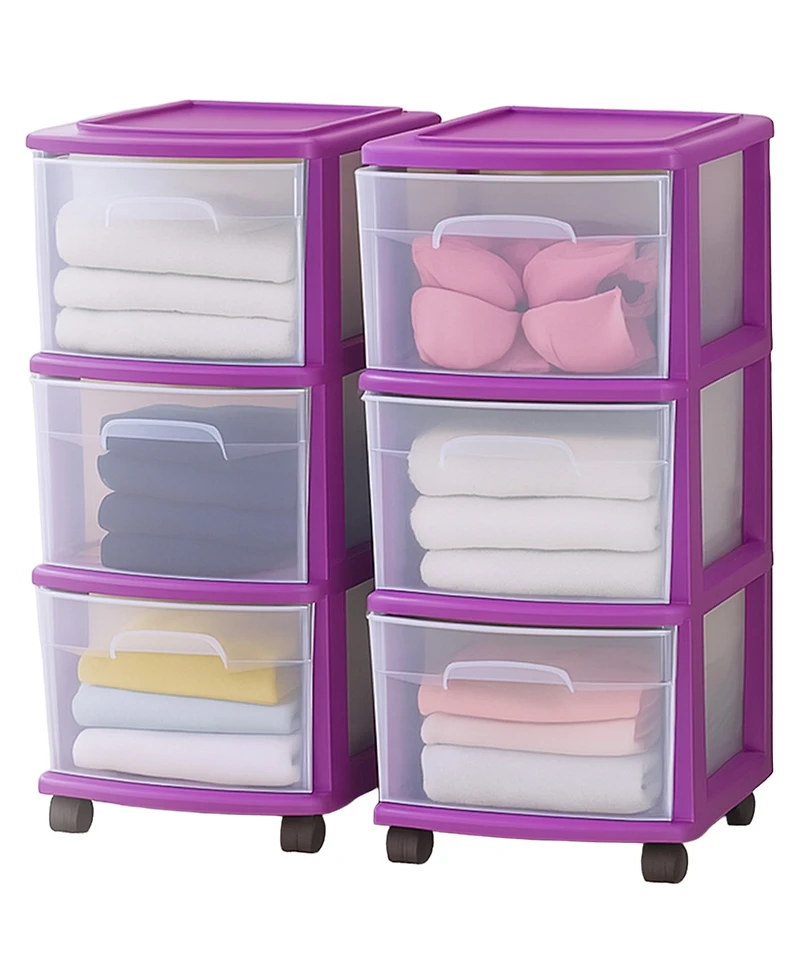 Homz Plastic 3 Drawer Medium Storage Container Tower, Purple Frame (2 Pack)