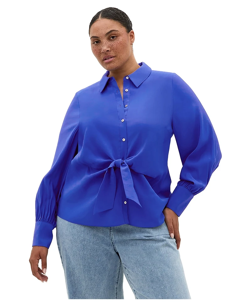 City Chic Plus Isabella Long-Sleeve Tie-Front Collared Blouse