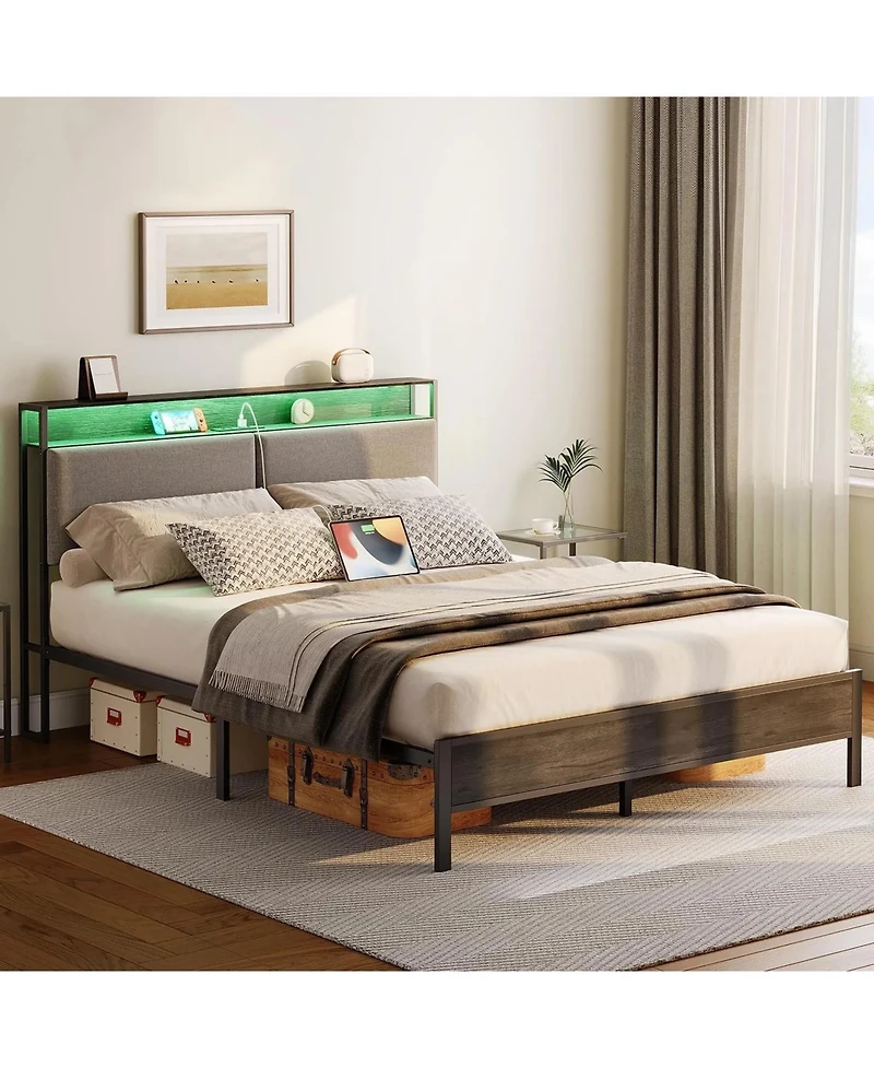 Slickblue Modern Metal Bed Frame with Storage Headboard, Led Lights