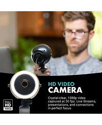 Movo WebMic Hd Pro All-in-One Webcam with Mic and Ring Light in Silver- 1080p Hd Camera, Pro Cardioid Condenser Microphone, Led Ring Light