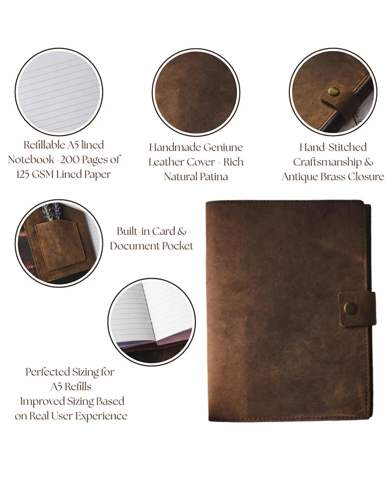 Danrong Refillable Genuine Leather Journal A5 Lined Notebook 200 Ruled Pages Card Holder Travel Diary Planner Gift