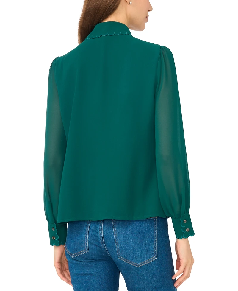 CeCe Women's Scallop-Trim Long-Sleeve Chiffon Blouse