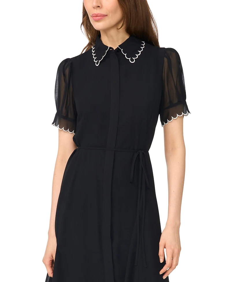CeCe Women's Contrast Stitch S/S Scallop Midi Dress With Tie Waist
