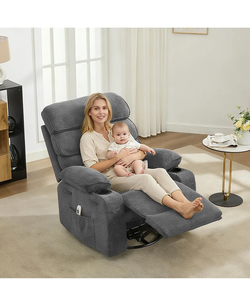 Swivel Glider Rocker Recliner With Massage and Heat, Manual Upholstered Nursing Recliner With Vibration, Side Pocket, 2 Cup Holders, For Living Room