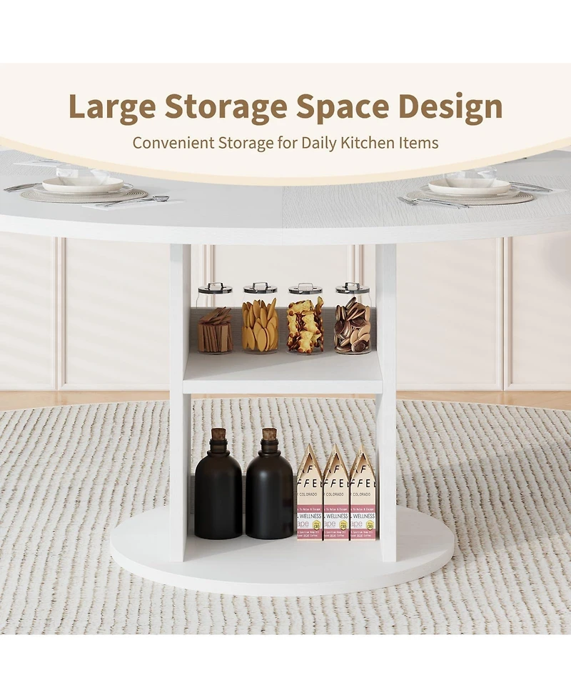47.24 Inch Round Farmhouse Dining Table With 2 Tier Shelf, Seats 4 6 People, Wooden Frame, Sturdy Wood Base, Modern Circular Table For Kitchen