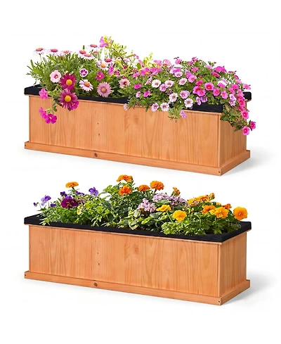 Gymax 2Pieces Wooden Raised Garden Bed With Drainage Holes and Liner Fir Wood Planter Box