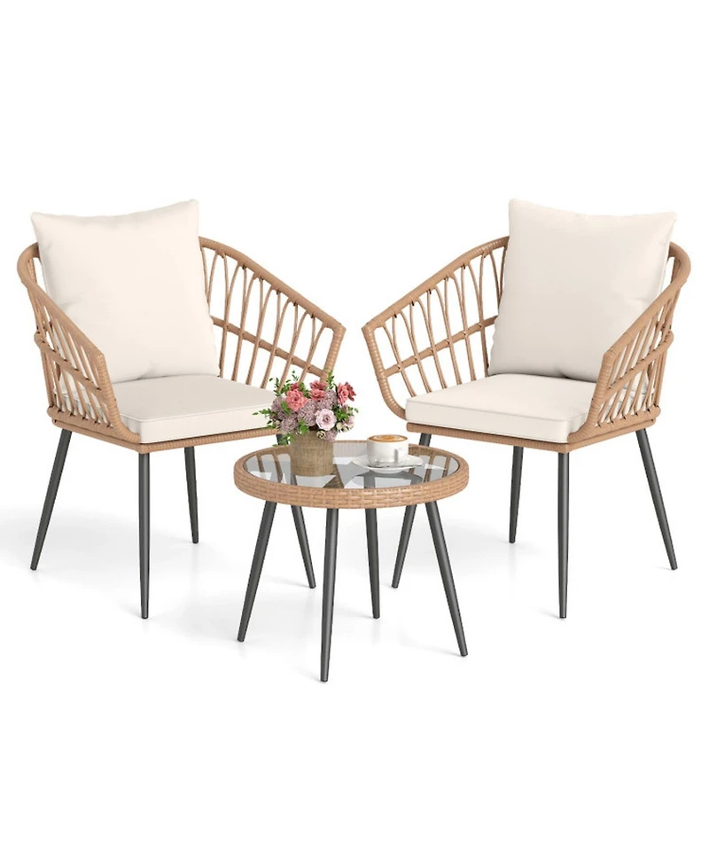 Sugift 3-Piece Patio Bistro Conversation Set with Pe Rattan Chairs and Tempered Glass Table