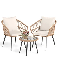 Sugift 3-Piece Patio Bistro Conversation Set with Pe Rattan Chairs and Tempered Glass Table