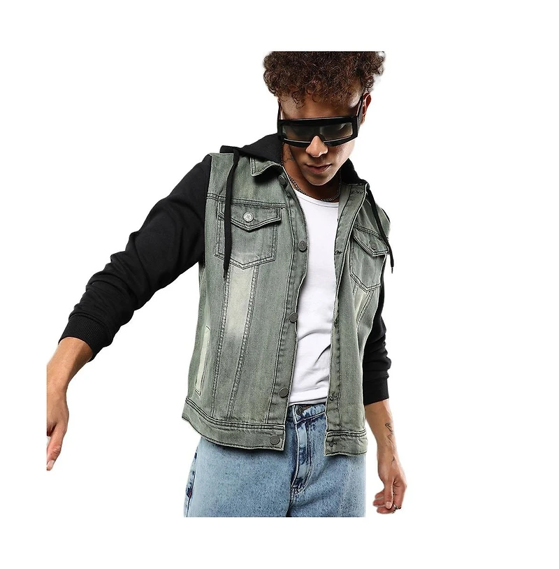 Campus Sutra Men's Light-Wash Hooded Denim Jacket With Sweatshirt-Style Sleeves