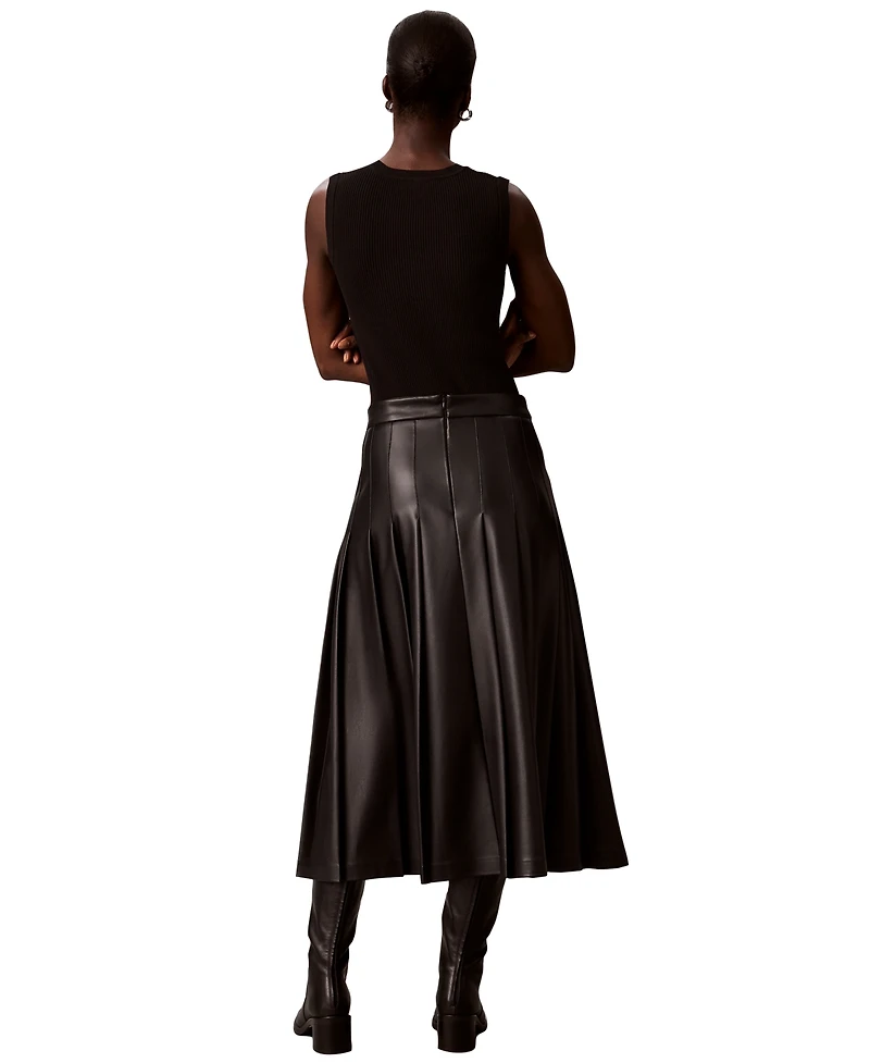 Calvin Klein Women's Pleated Midi High-Waisted Faux Leather Skirt