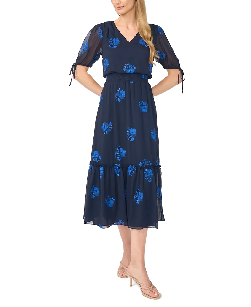 CeCe Women's Floral-Print V-Neck Smocked Waist Midi Dress