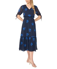 CeCe Women's Floral-Print V-Neck Smocked Waist Midi Dress