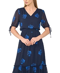 CeCe Women's Floral-Print V-Neck Smocked Waist Midi Dress