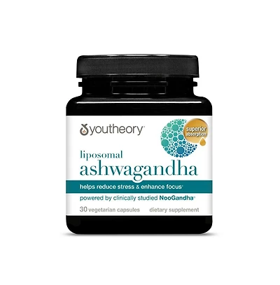 Youtheory Liposomal Ashwagandha Supplement, 30 Vegetarian Capsules (30 Day Supply) Powered by Clinically Studied NooGandha