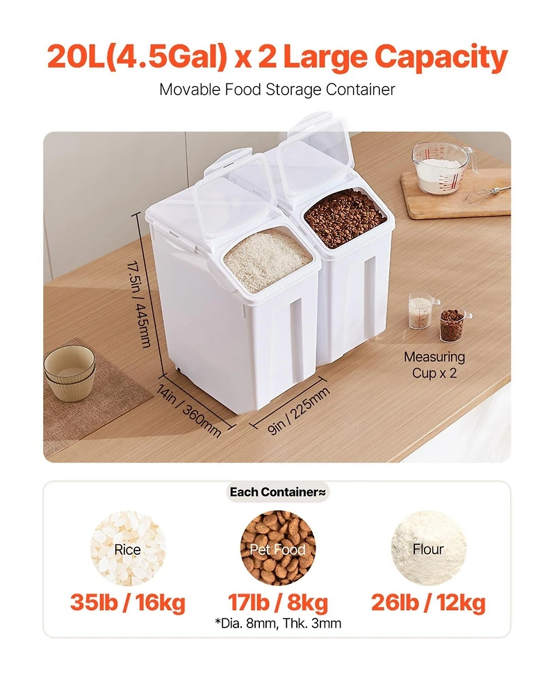 Sugift 4.5 Gallon Airtight Rice and Pet Food Storage Container 2 Pack with Wheels and Measuring Cups