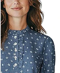 Hope & Henry Women's Chambray Puff-Sleeve Floral-Print Blouse