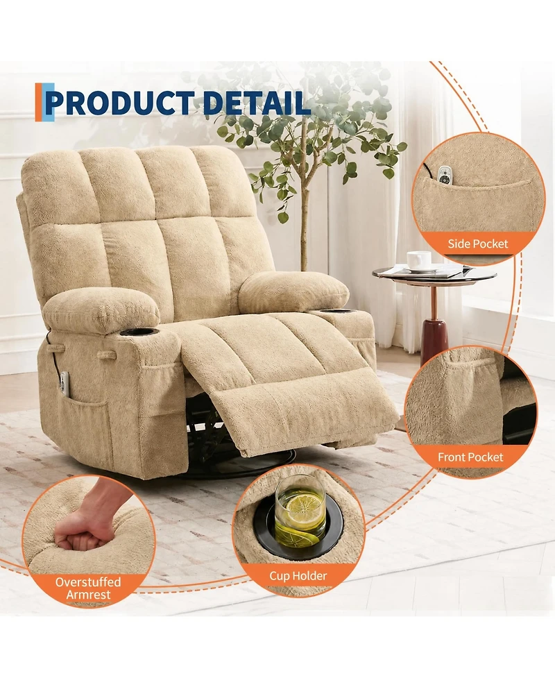 Oversized Swivel Rocker Recliner With Heat and Massage, 8 Vibration Massage Nodes, Lumbar Therapy, Soft Fabric, Cup Holders, For Living Room