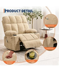 Oversized Swivel Rocker Recliner With Heat and Massage, 8 Vibration Massage Nodes, Lumbar Therapy, Soft Fabric, Cup Holders, For Living Room