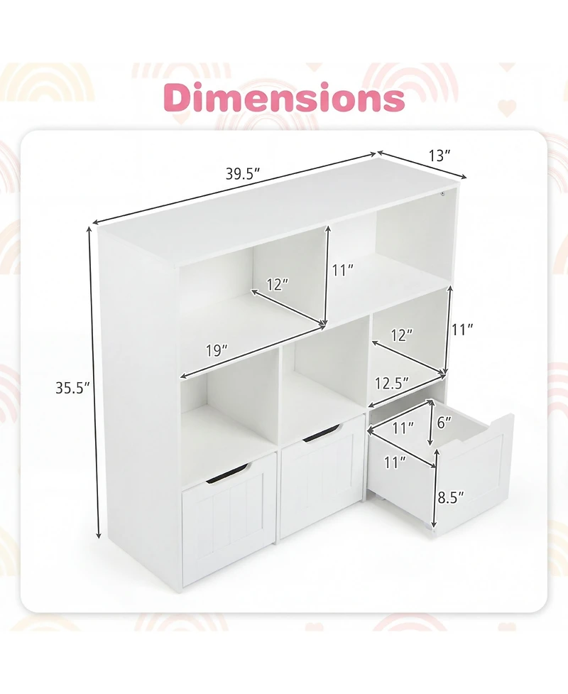 Gymax Toy Storage Organizer with 3 Movable Drawers 5 Open Cubbies and Hidden Wheels