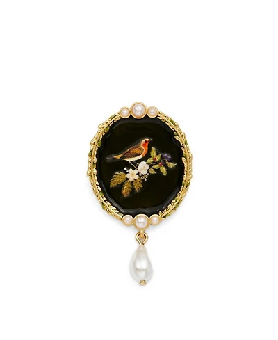 Fable England Robin Bramble and Pearl Brooch in Gold