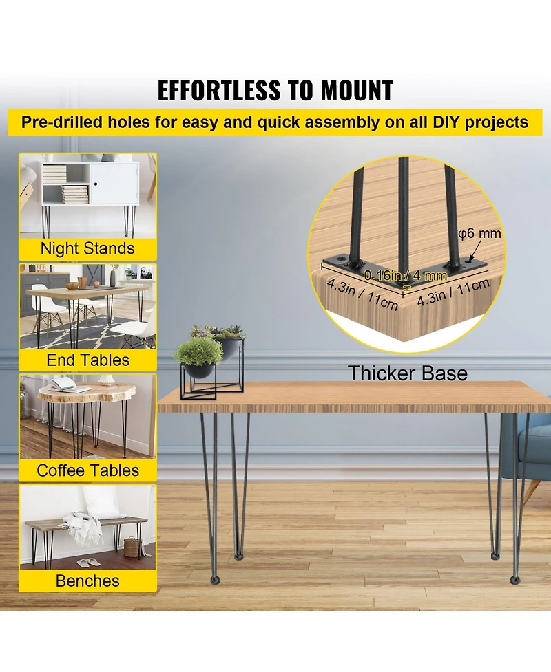 Sugift Set of 4 Hairpin Table Legs 26 Inch 3-Rod Carbon Steel with 220 Pound Rating Each