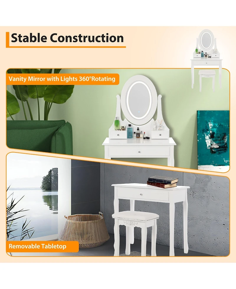 gaomon Vanity Table and Chair Set, Princess Kids Dressing Makeup Desk with Rotating Led Mirror, Cushioned Stool, Storage Drawers