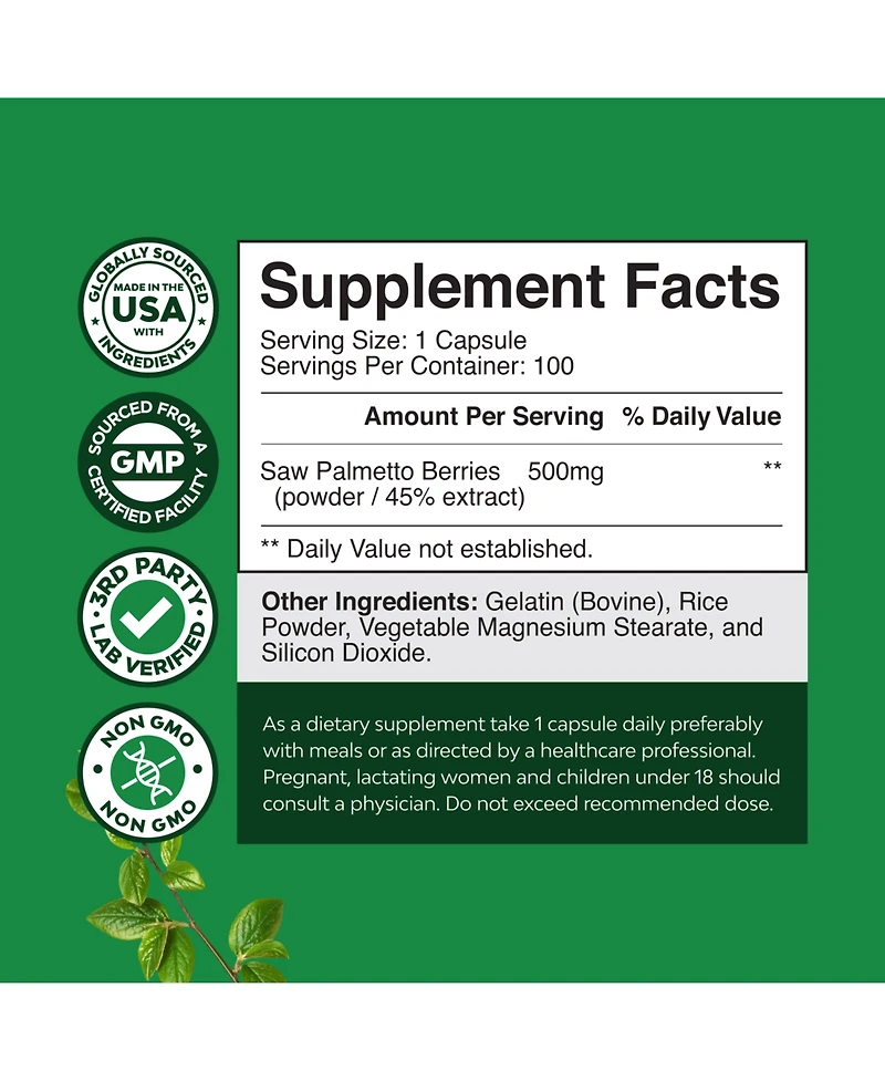 Nature's Craft Saw Palmetto Extract Herbal Supplement, 500 Milligram per Serving, Plant Sterols and Flavonoids, 100 Capsules