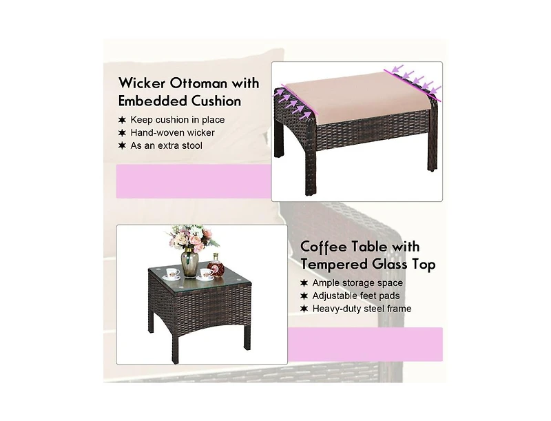 5 Pcs Patio Rattan Sofa Ottoman Furniture Set with Cushions
