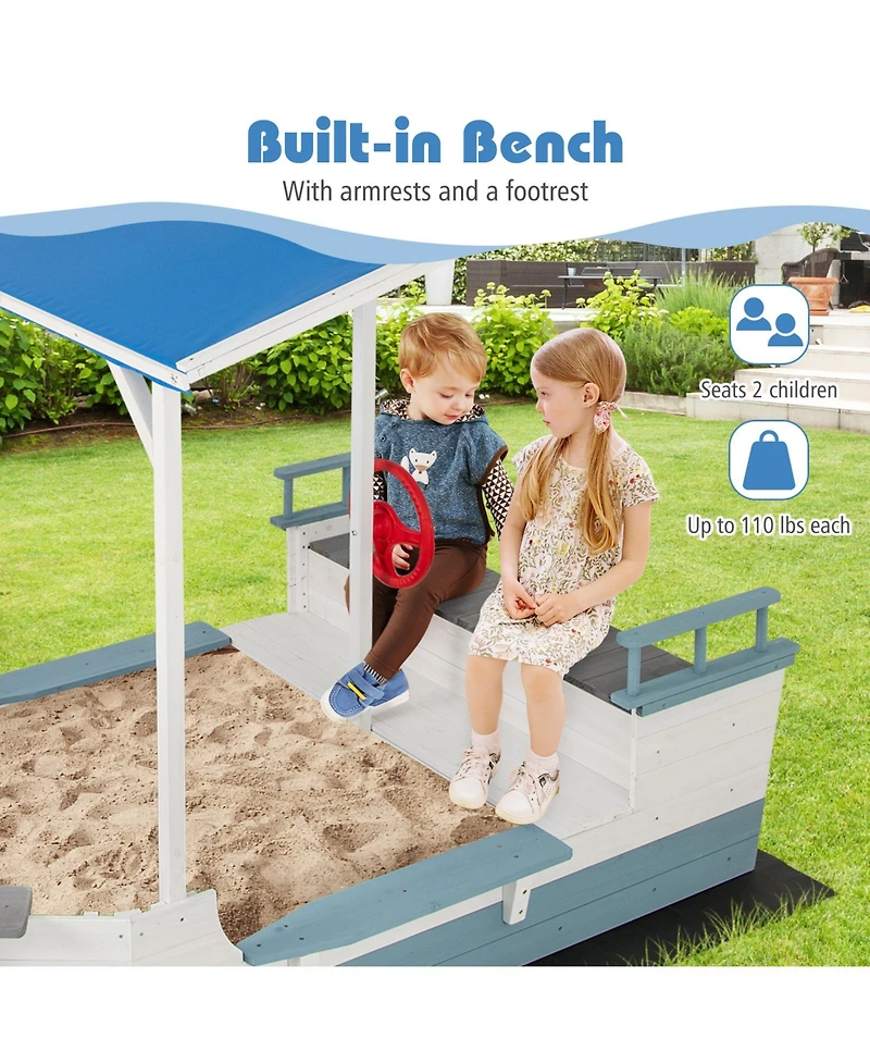 Glintex Pirate Ship Sand Pit With Canopy & Bench Seats, 86"L x 43"W x 64"H Fir Wood, 440 lb Sand, Ages 3-8