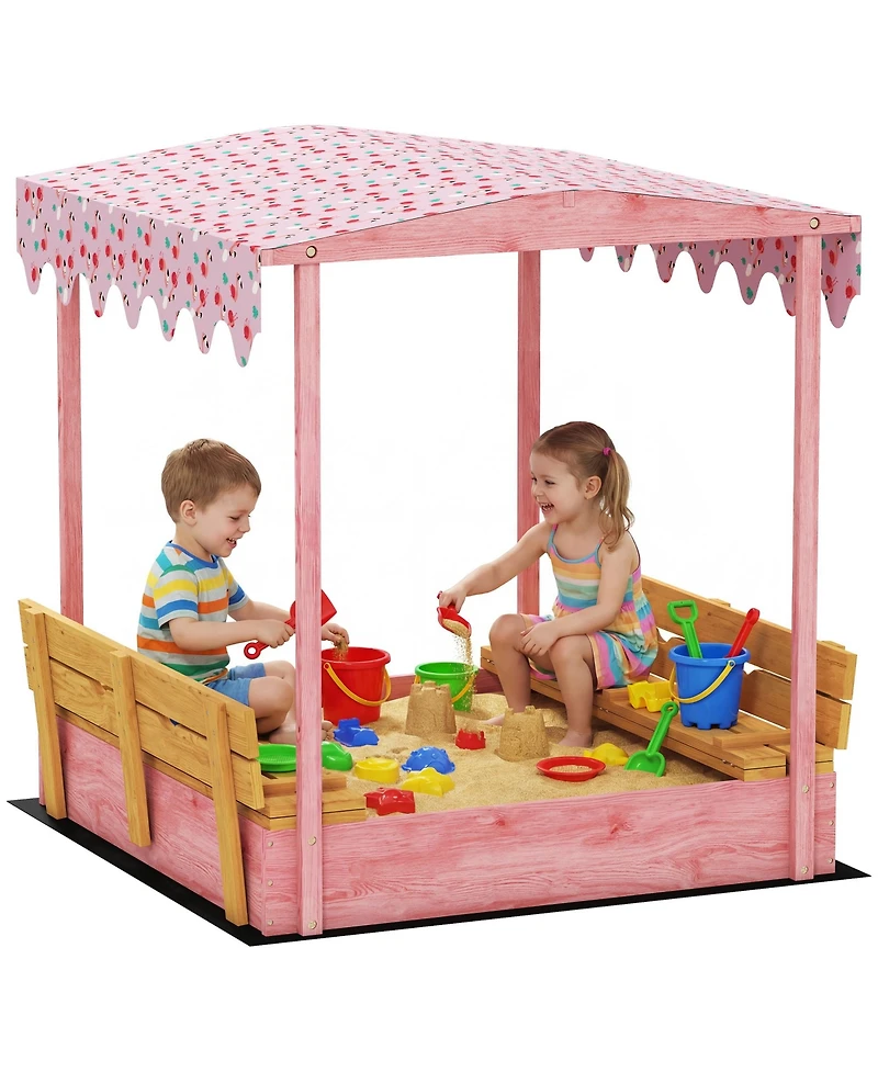 Glintex Wooden Kids Sandbox with Flamingo Print Canopy and Fold-Down Bench Cover, 53"L x 50.2"W x 51.2"H, Ages 3-6