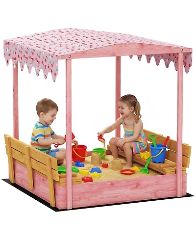 Glintex Wooden Kids Sandbox with Flamingo Print Canopy and Fold-Down Bench Cover, 53"L x 50.2"W x 51.2"H, Ages 3-6