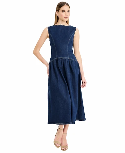 Maggy London Women's Denim Sleeveless Crewneck Midi Dress