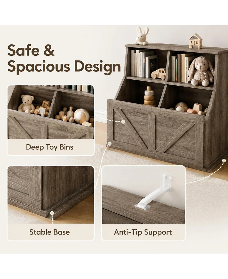 Gaomon Kids Toy Storage Organizer and Bookshelf, Farmhouse Wood Cabinet with Open Cubbies Bins, Anti-Tip Safety Design