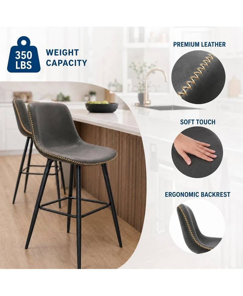 homfan Bar Stools Set of 2 with Backs, Counter Height Faux Leather Barstools, Metal Legs, Sawtooth Stitching, 350 lb