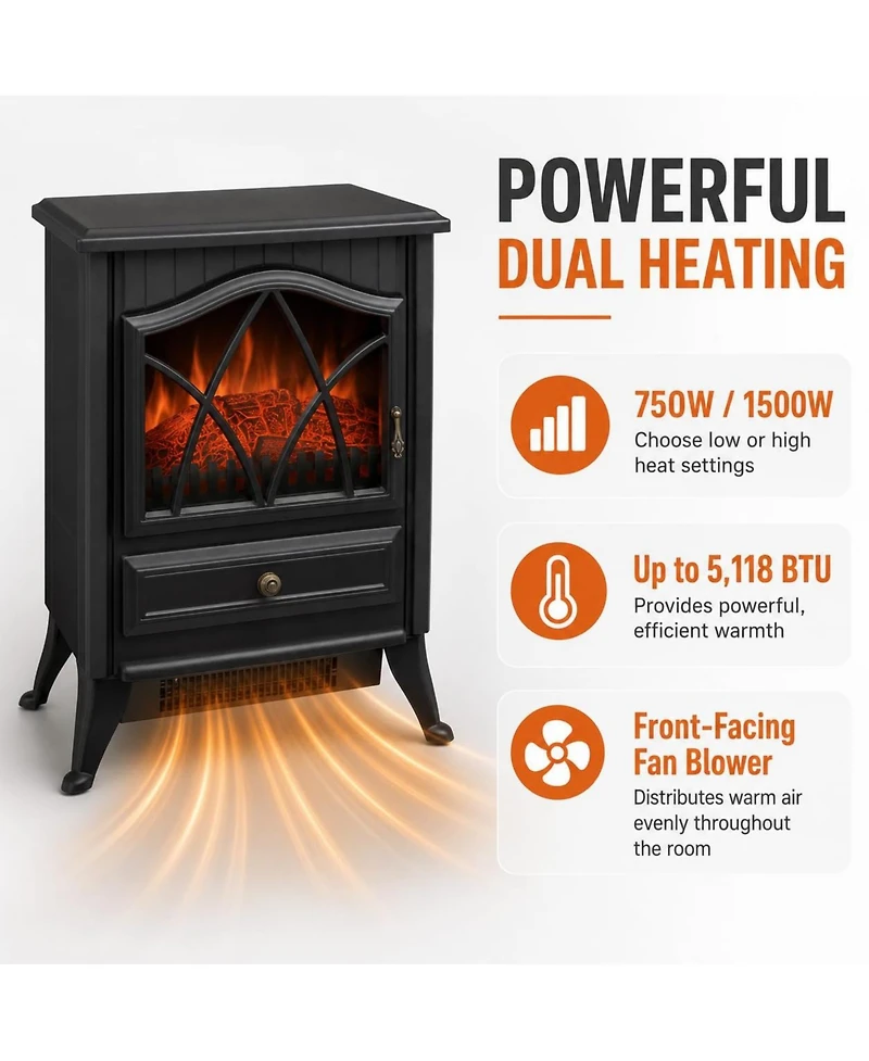 Freestanding Electric Fireplace Stove Heater, Portable Indoor Space Heater With Realistic Led Flame Effect And Quiet Operation For Living Room, Office