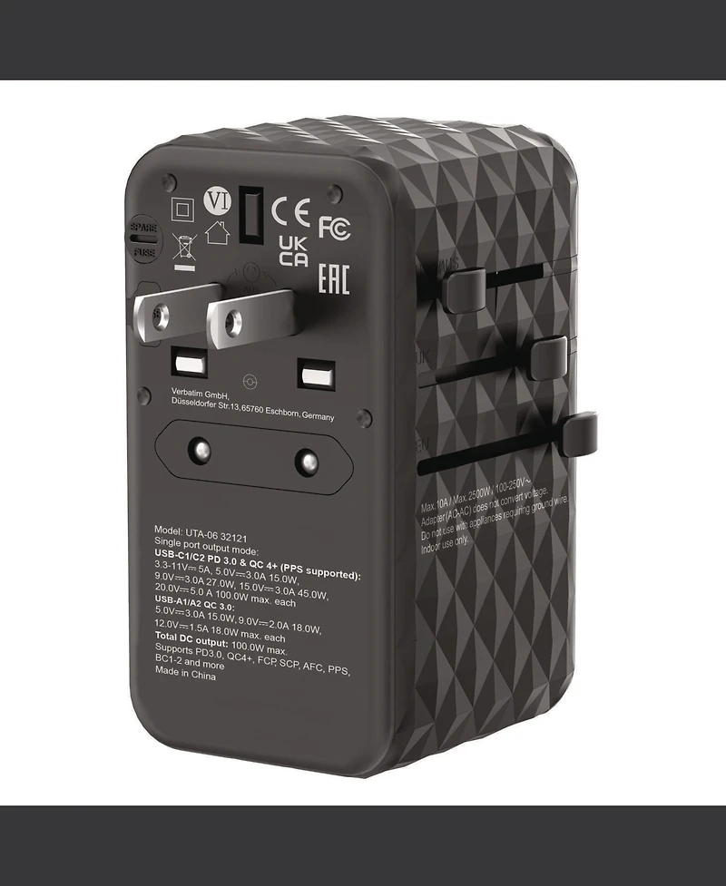 Verbatim 32121 Uta-06 Gan Iii 2-usb-a/2-usb-c/Quick Charge 4plus Universal Travel Adapter