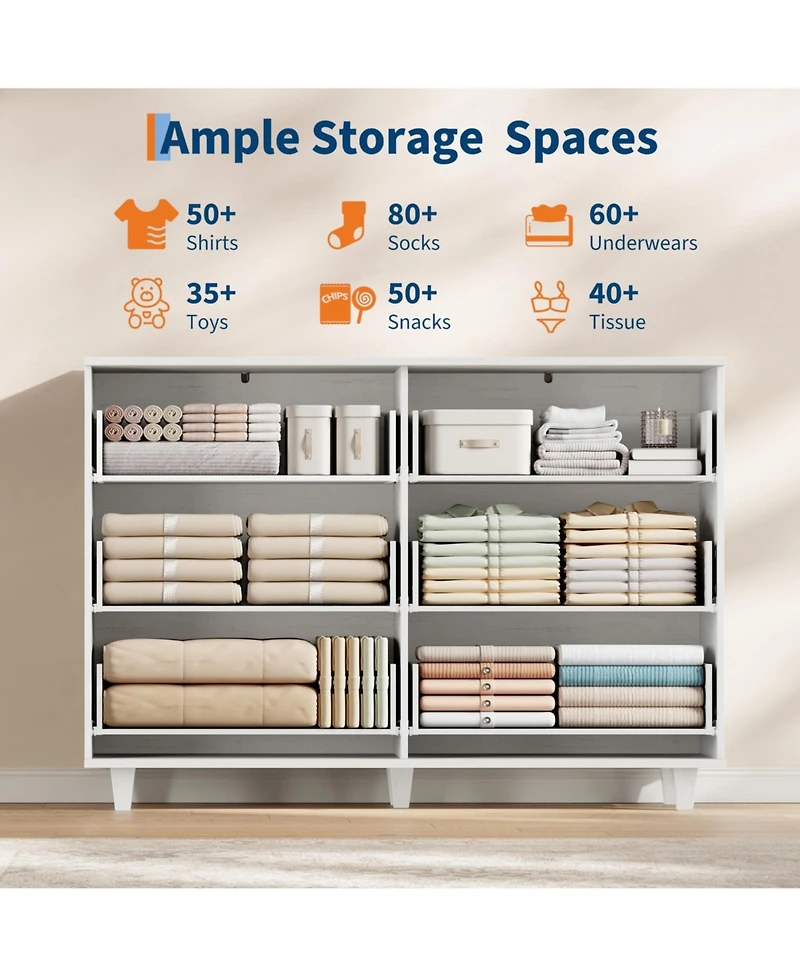 Modern Minimalist Fluted Wide Dresser Chest Of Drawers - 6 Drawer Clothing Storage Cabinet For Bedroom Small Space Nursery Living Room Or Entryway