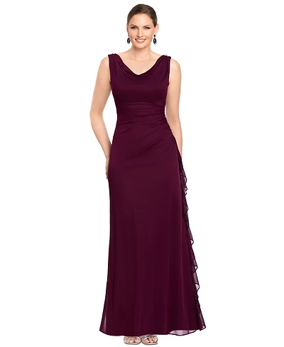 B&A By Betsy and Adam Women's Ruffle Side Cowl Neck Ball Gown