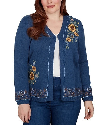 Alfred Dunner Petite V-Neck Long-Sleeve Floral Embroidery Cotton-Blend Cardigan