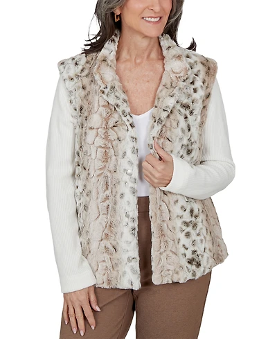 Alfred Dunner Women's Petite Animal-Print Mandarin-Collar Teddy Jacket