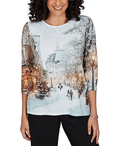 Alfred Dunner Petite Classic Christmas The City Knit Top