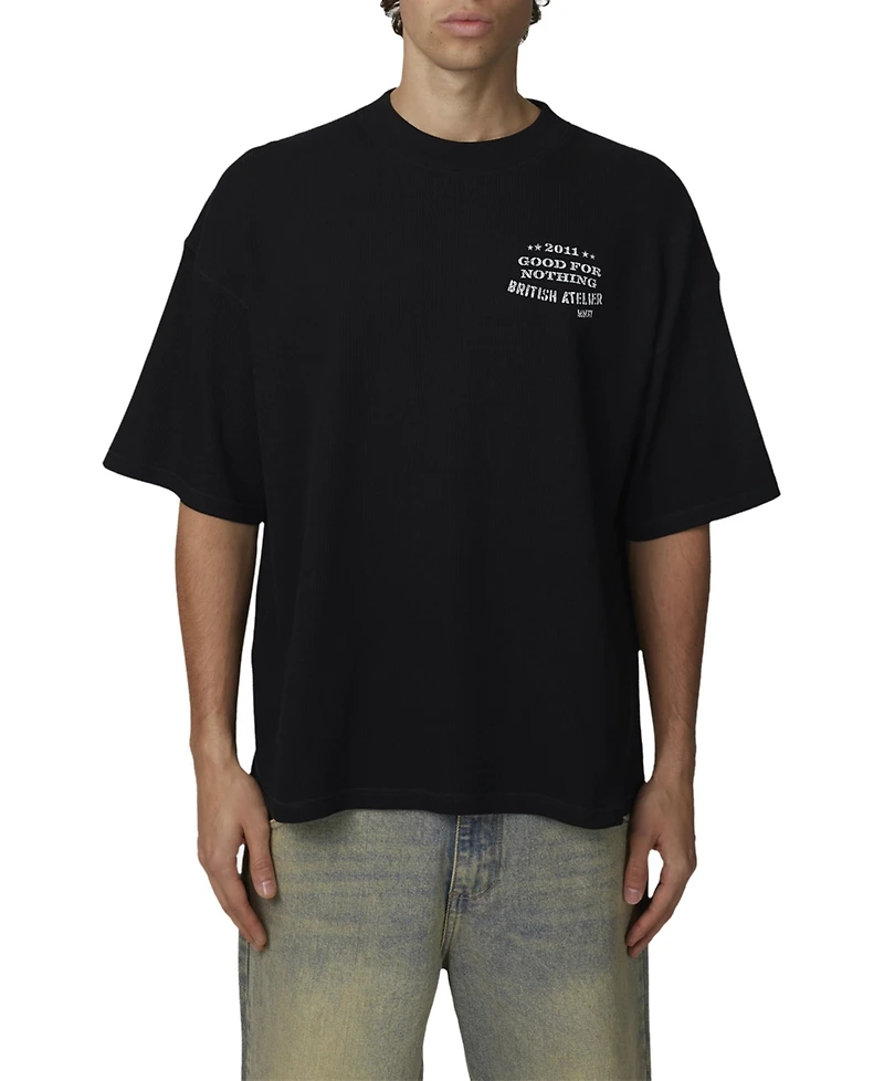 Good For Nothing Men's Stamp Boxy-Fit Screenprinted Waffle-Knit T-Shirt