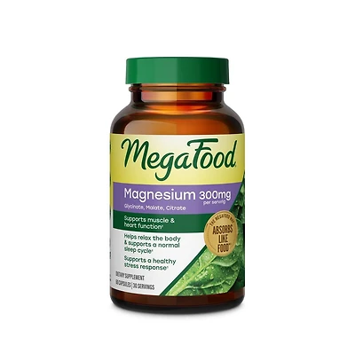 MegaFood Magnesium 300mg, Magnesium Glycinate, Citrate, Malate, Heart, Nerve Health, 60 Capsules