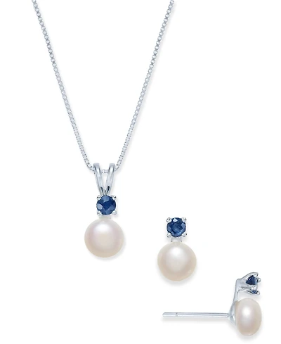 Cultured Freshwater Pearl (6mm-7mm) & Sapphire (1/2 ct. t.w.) 18" Pendant Necklace & Stud Earrings Set in Sterling Silver