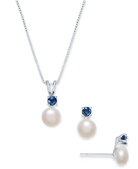 Cultured Freshwater Pearl (6mm-7mm) & Sapphire (1/2 ct. t.w.) 18" Pendant Necklace & Stud Earrings Set in Sterling Silver