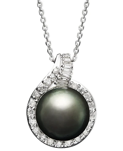 14k White Gold Necklace, Cultured Tahitian Pearl (12mm) and Diamond (1/2 ct. t.w.) Pendant